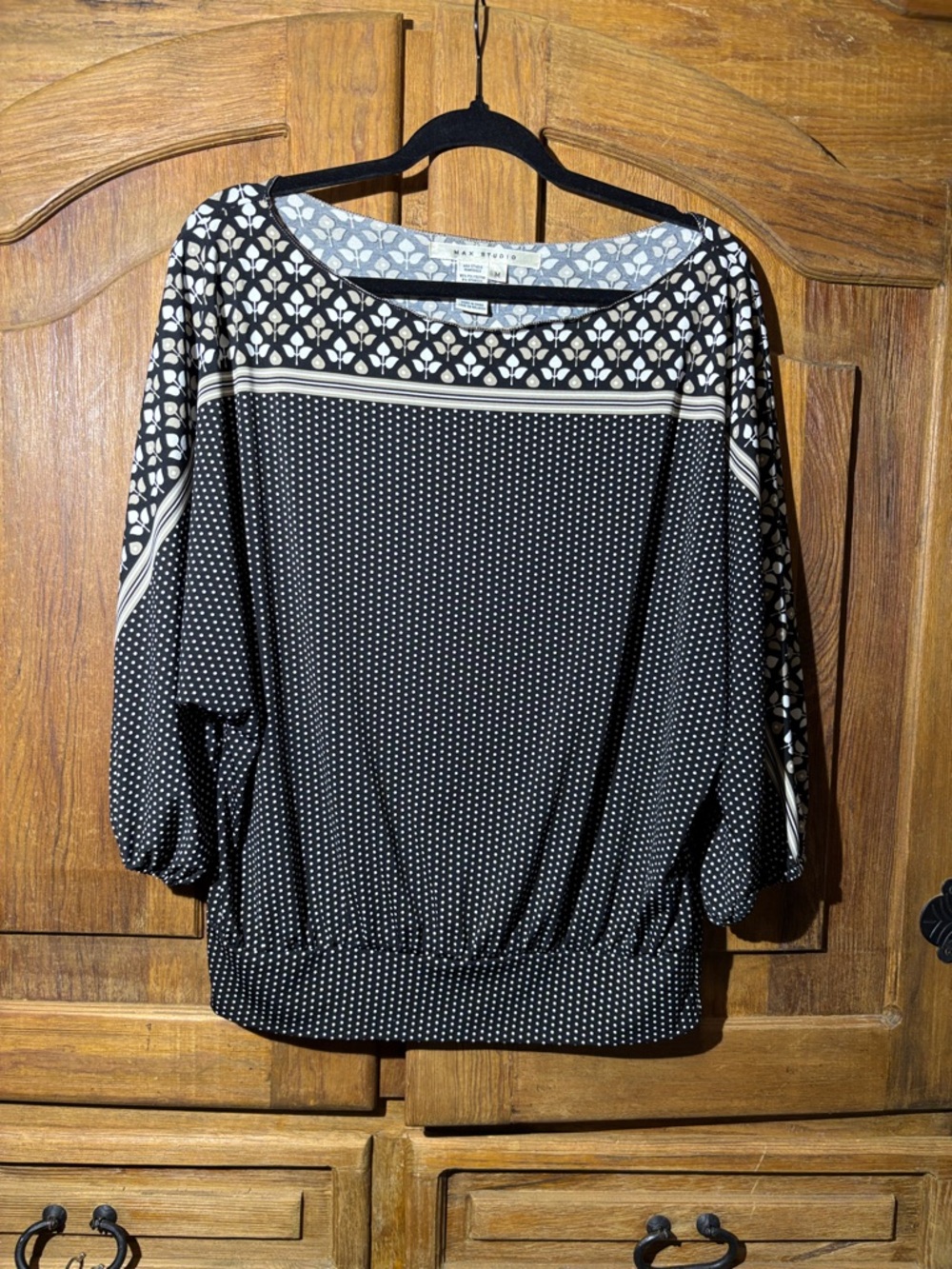 Max Studio Black & White Mixed-Pattern Boatneck Blouse